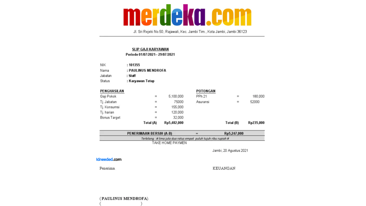 Contoh Slip Gaji Karyawan Merdeka.com