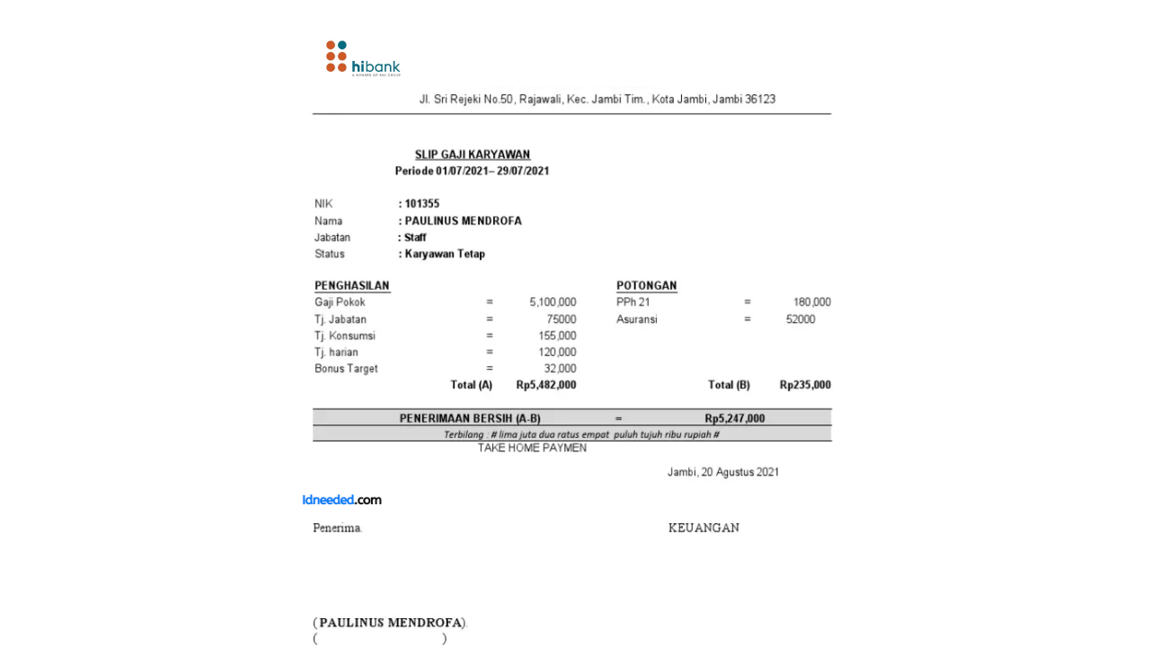 Contoh Slip Gaji Karyawan PT Bank Hibank Indonesia