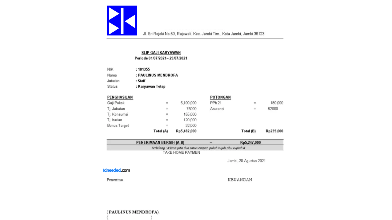 Contoh Slip Gaji Karyawan PT Bina Karya (Persero)