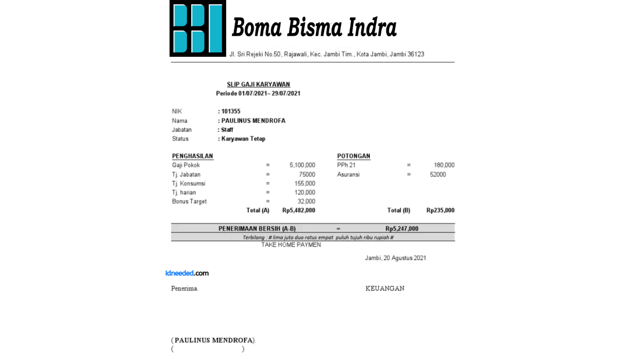 Contoh Slip Gaji Karyawan PT Boma Bisma Indra (Persero)-min