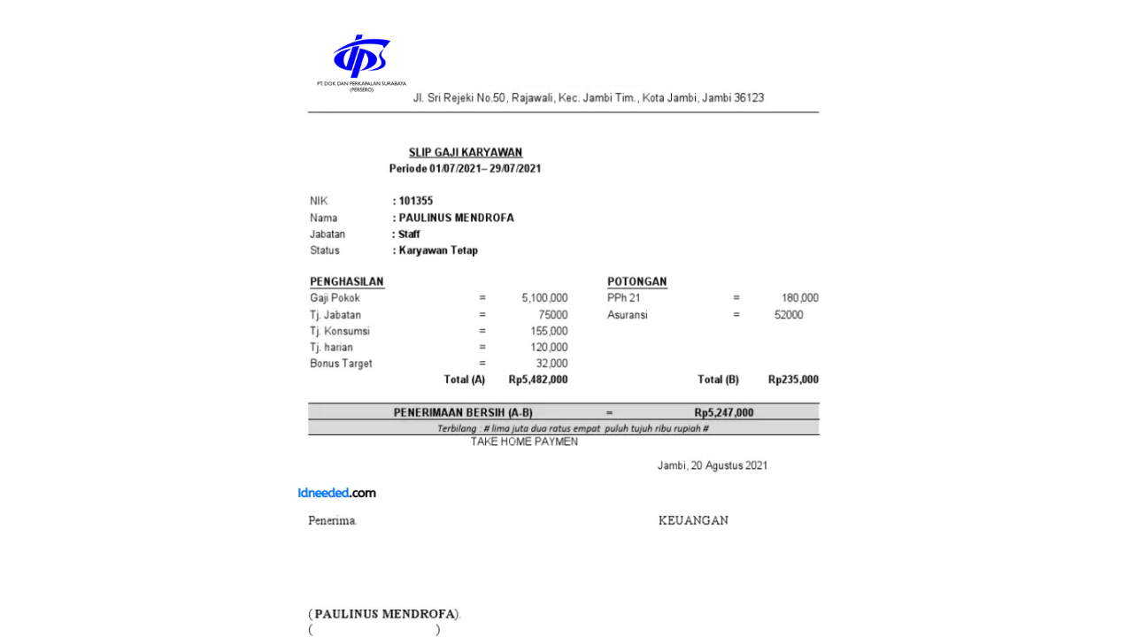 Contoh Slip Gaji Karyawan PT Dok dan Perkapalan Surabaya (Persero)