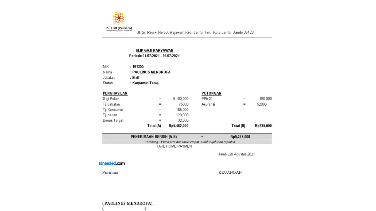 Contoh Slip Gaji Karyawan PT Energi Management Indonesia (Persero)