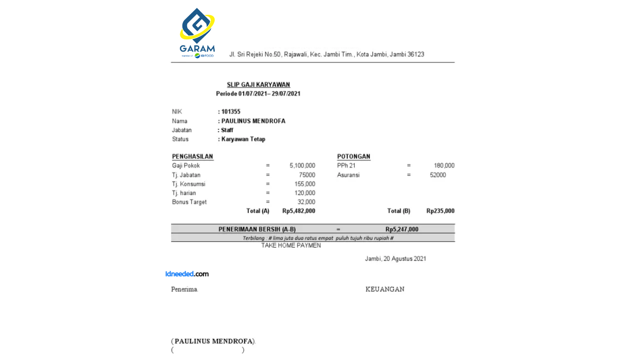 Contoh Slip Gaji Karyawan PT Garam (Persero)