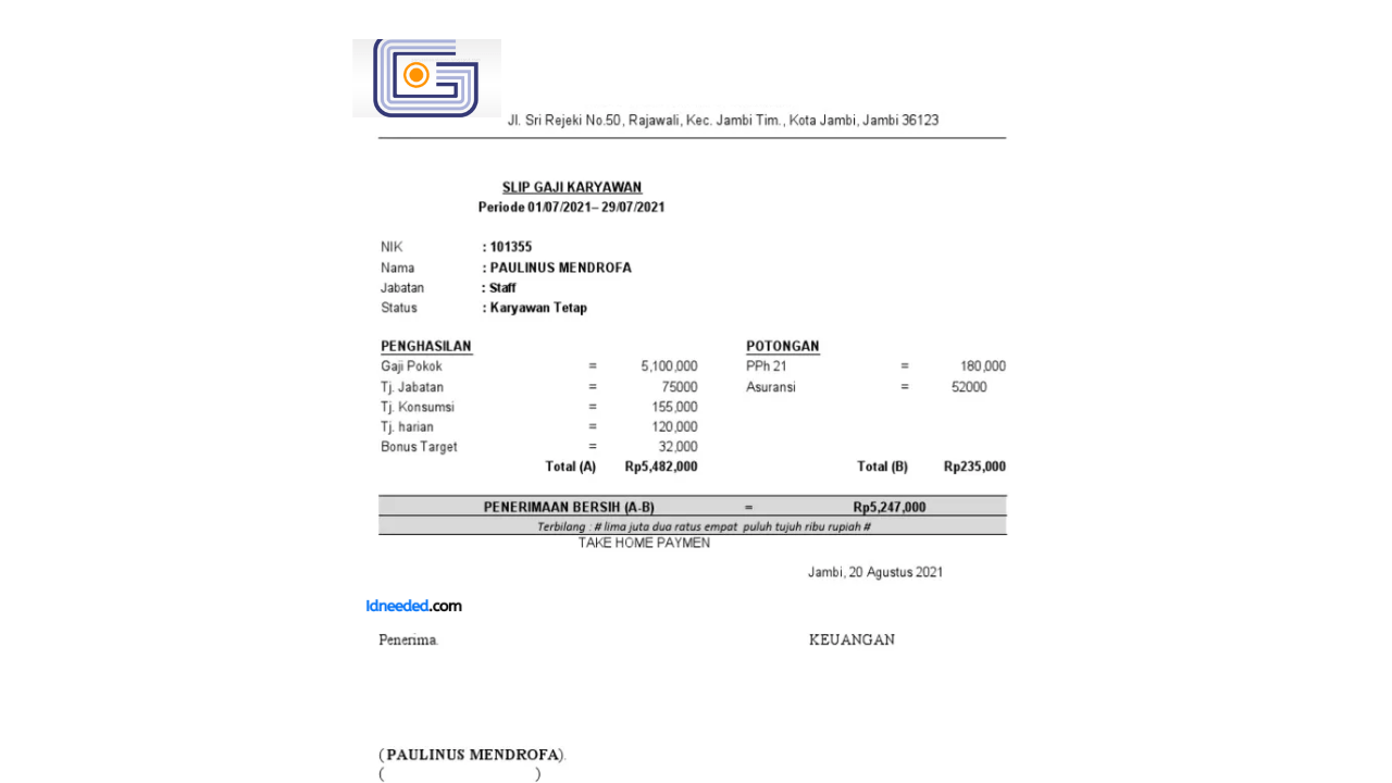 Contoh Slip Gaji Karyawan PT Iglas (Persero)