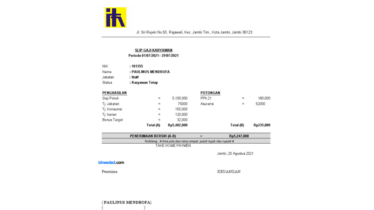 Contoh Slip Gaji Karyawan PT Indah Karya (Persero)