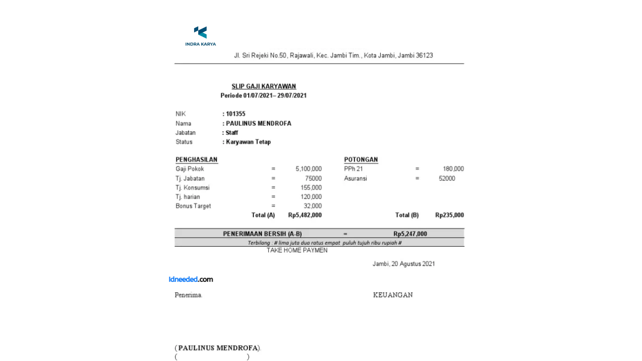 Contoh Slip Gaji Karyawan PT Indra Karya (Persero)