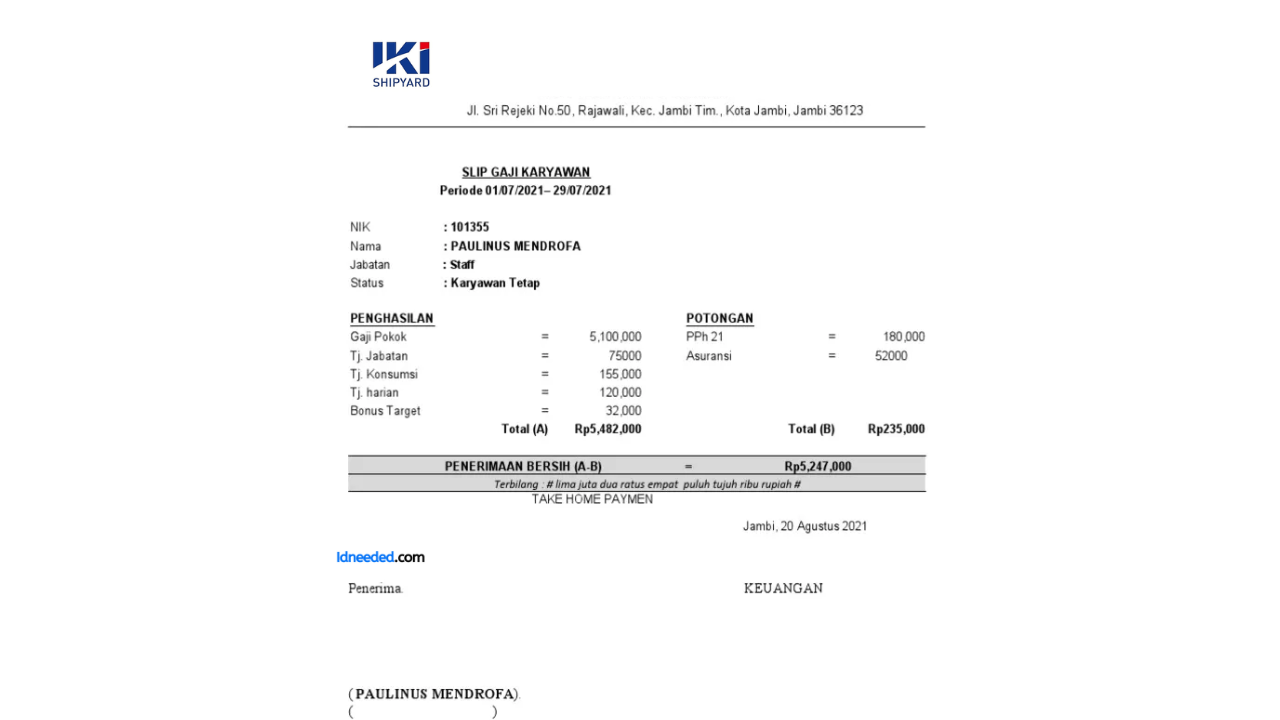 Contoh Slip Gaji Karyawan PT Industri Kapal Indonesia (Persero)