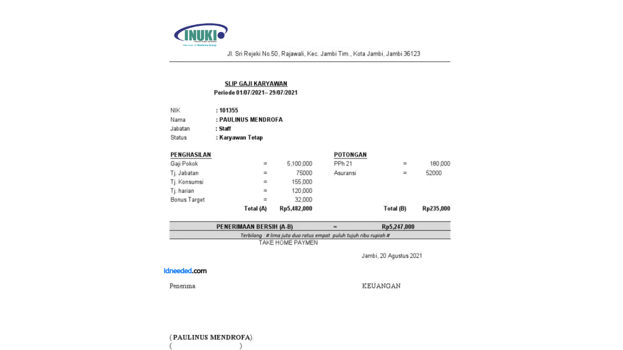 Contoh Slip Gaji Karyawan PT Industri Nuklir Indonesia (Persero)