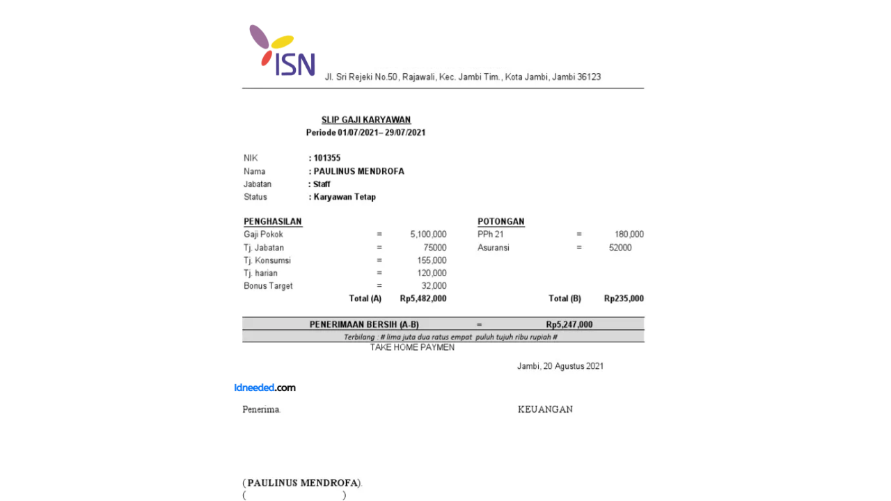 Contoh Slip Gaji Karyawan PT Industri Sandang Nusantara (Persero)