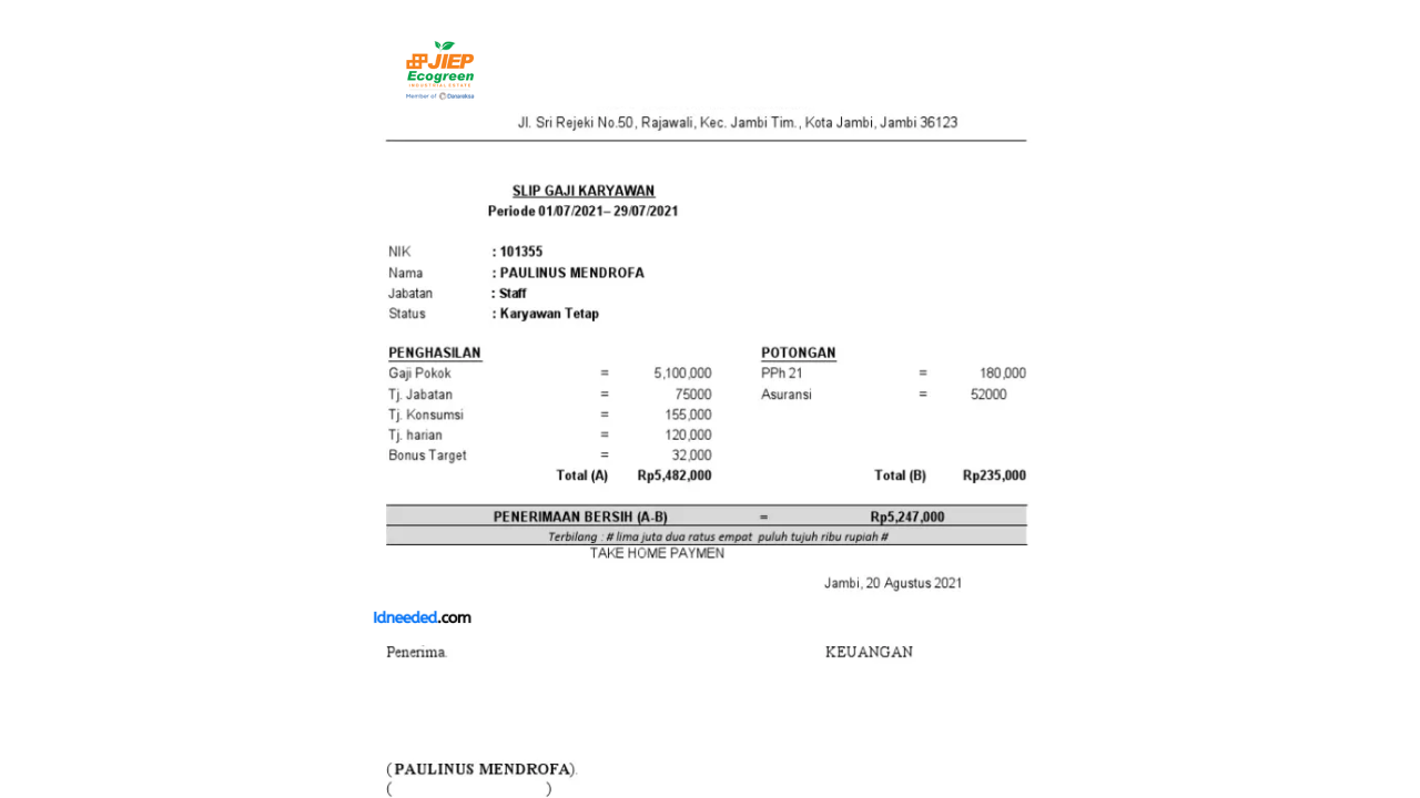 Contoh Slip Gaji Karyawan PT Jakarta Industrial Estate Pulogadung (Persero)