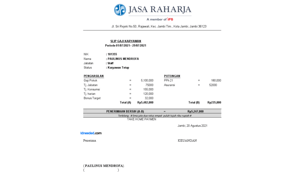 Contoh Slip Gaji Karyawan PT Jasa Raharja (Persero)