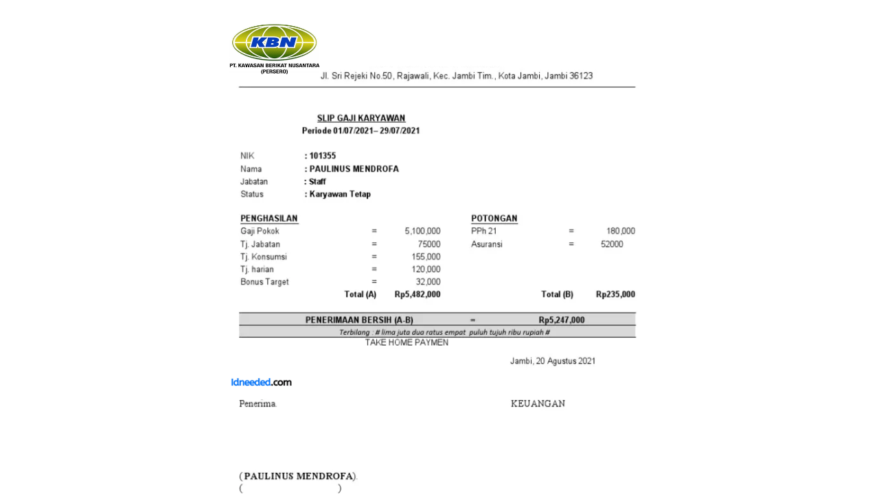 Contoh Slip Gaji Karyawan PT Kawasan Berikat Nusantara (Persero)