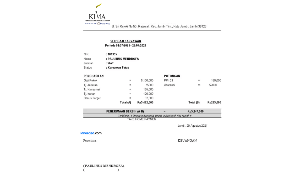 Contoh Slip Gaji Karyawan PT Kawasan Industri Makassar (Persero)