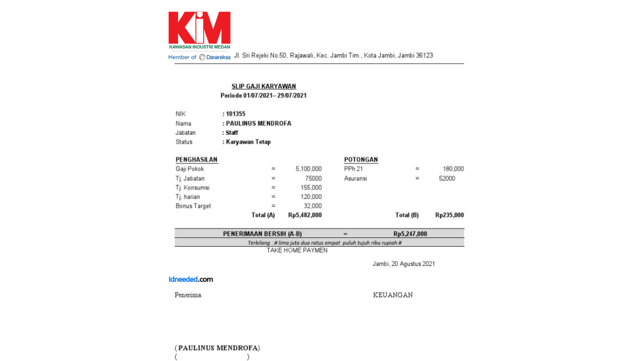 Contoh Slip Gaji Karyawan PT Kawasan Industri Medan (Persero)