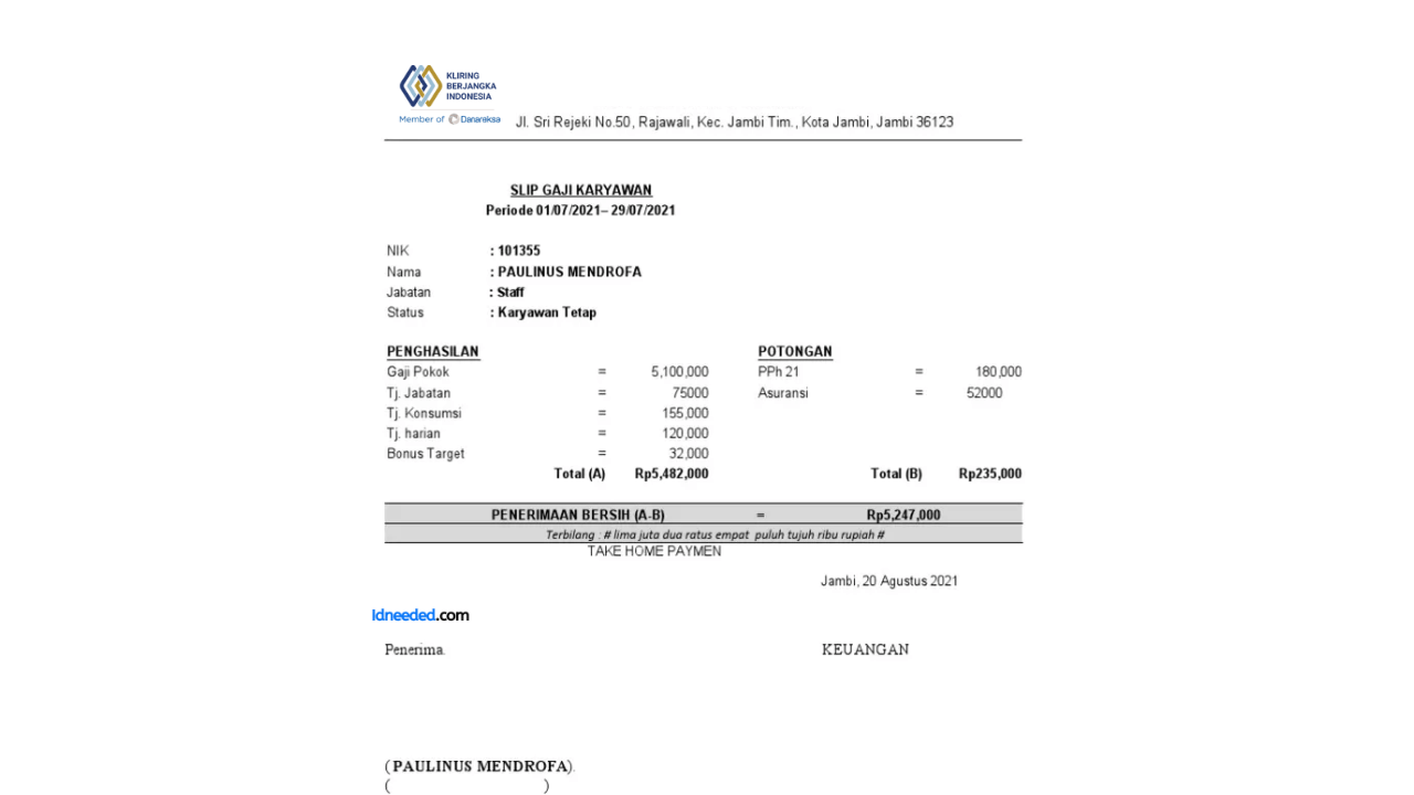 Contoh Slip Gaji Karyawan PT Kliring Berjangka Indonesia (Persero)