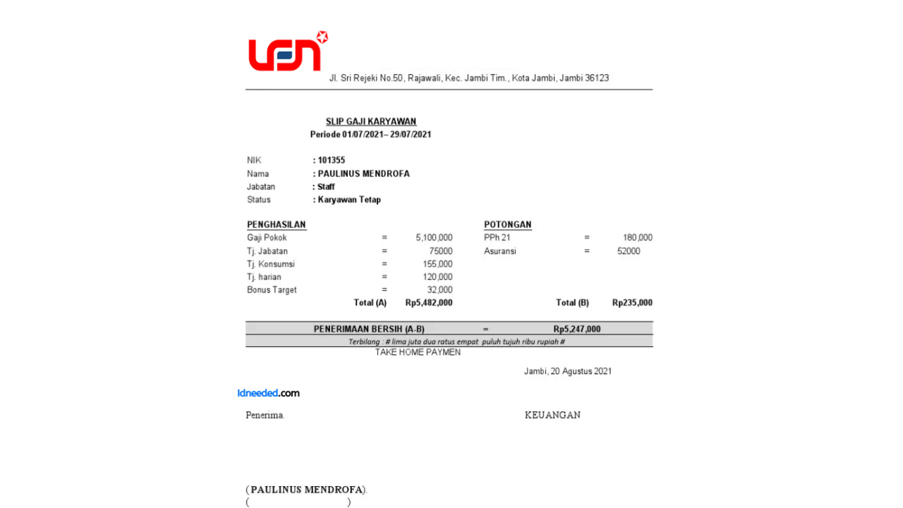 Contoh Slip Gaji Karyawan PT Len Industri (Persero)