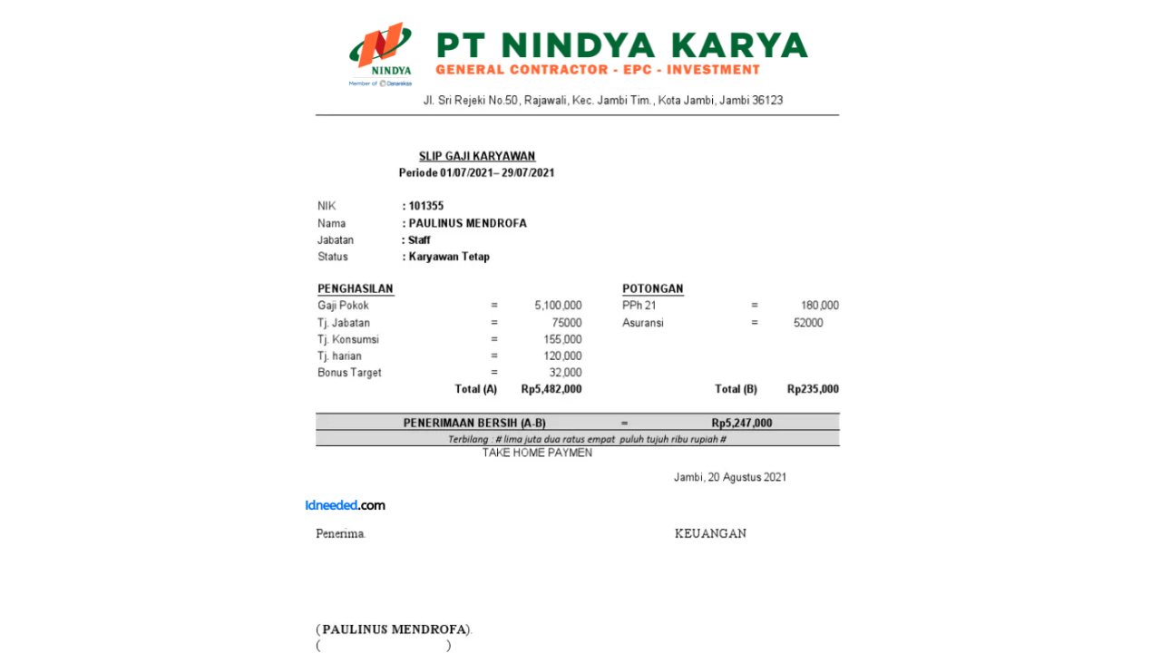 Contoh Slip Gaji Karyawan PT Nindya Karya