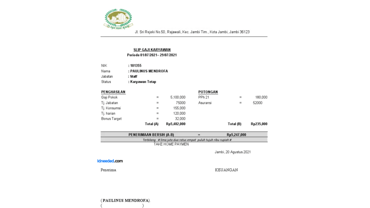 Contoh Slip Gaji Karyawan PT Padi Hijau Buana