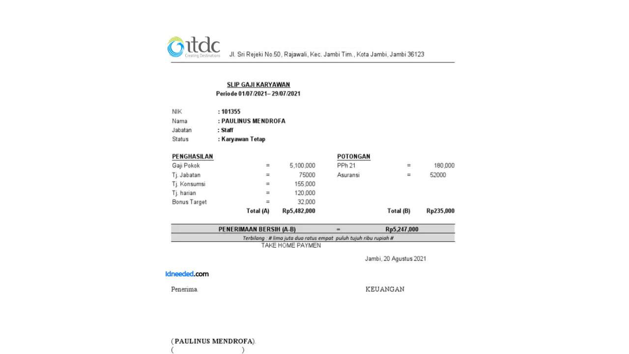 Contoh Slip Gaji Karyawan PT Pengembangan Pariwisata Indonesia (Persero)