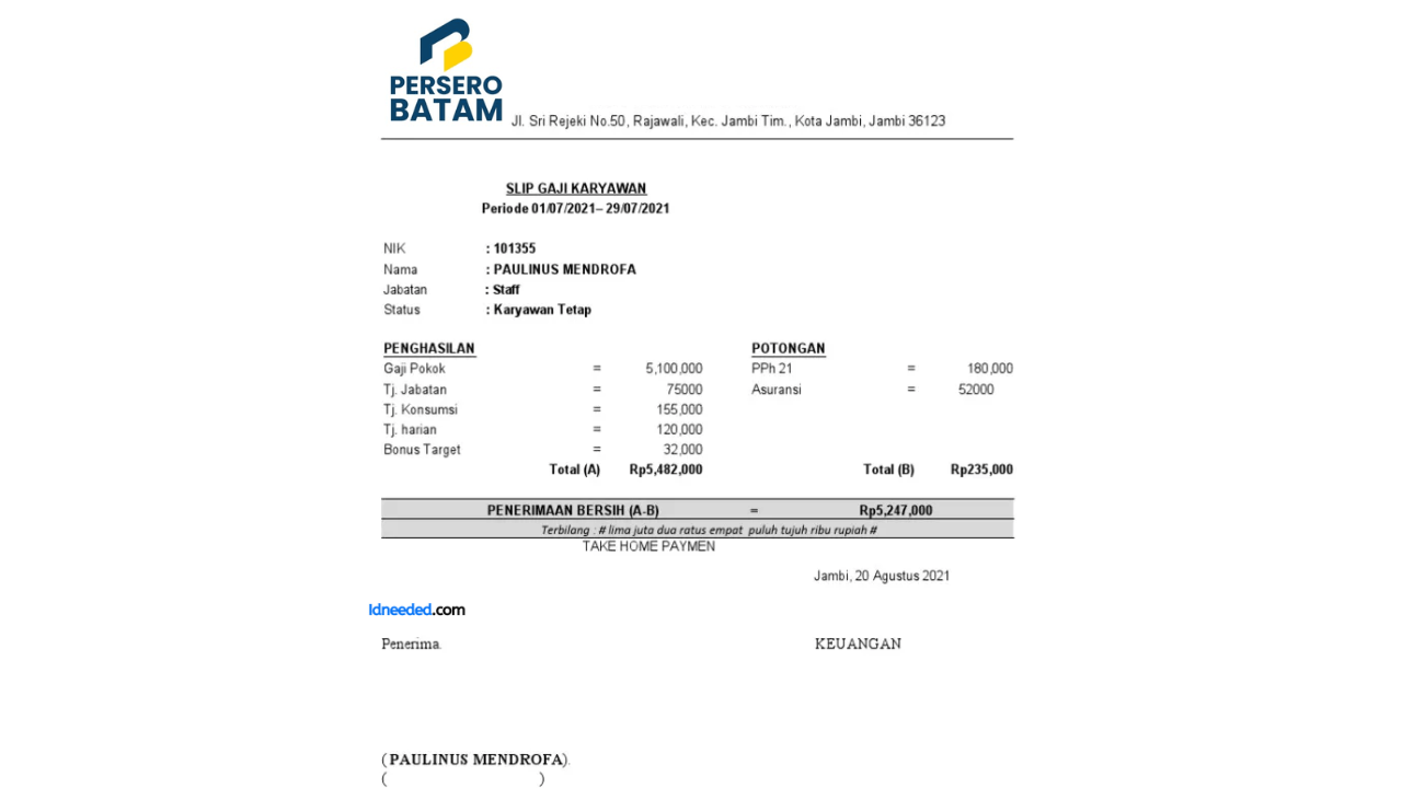 Contoh Slip Gaji Karyawan PT Pengusahaan Daerah Industri Pulau Batam (Persero)