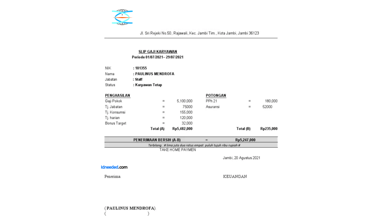 Contoh Slip Gaji Karyawan PT Perikanan Nusantara (Persero)