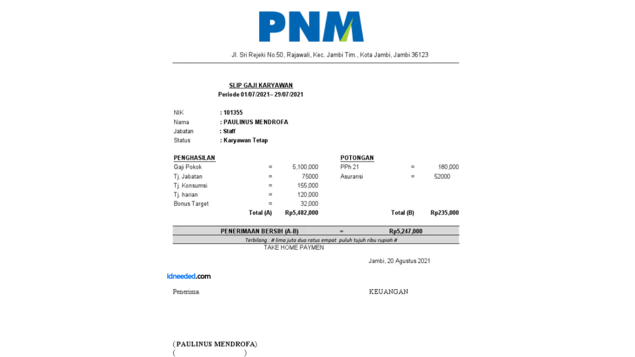 Contoh Slip Gaji Karyawan PT Permodalan Nasional Madani (Persero)