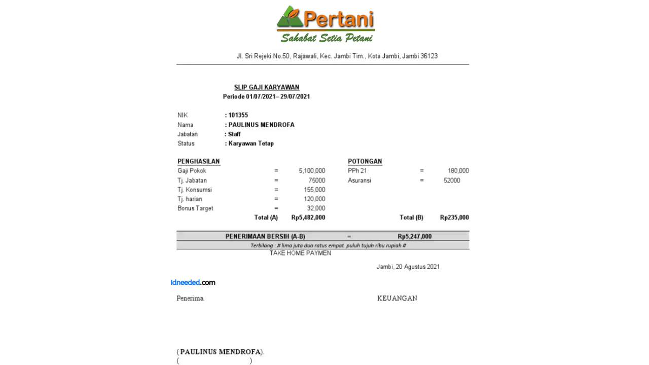 Contoh Slip Gaji Karyawan PT Pertani (Persero)