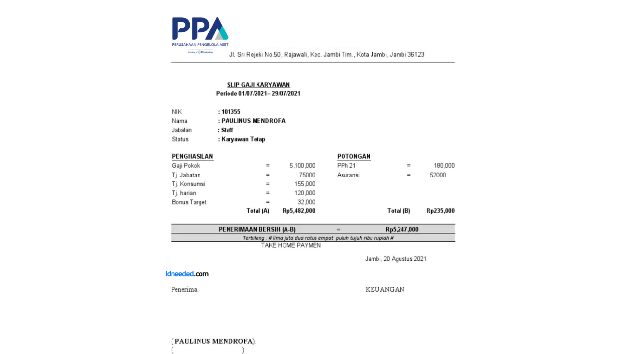 Contoh Slip Gaji Karyawan PT Perusahaan Pengelola Aset (Persero)