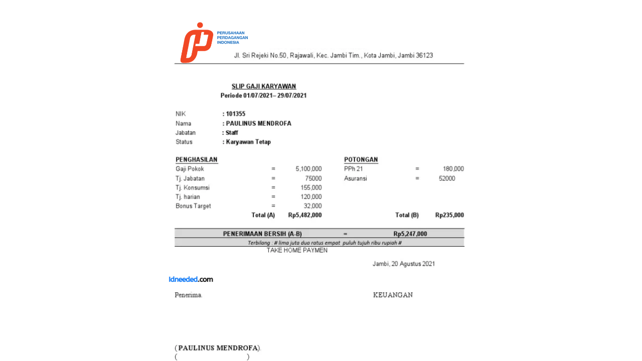 Contoh Slip Gaji Karyawan PT Perusahaan Perdagangan Indonesia