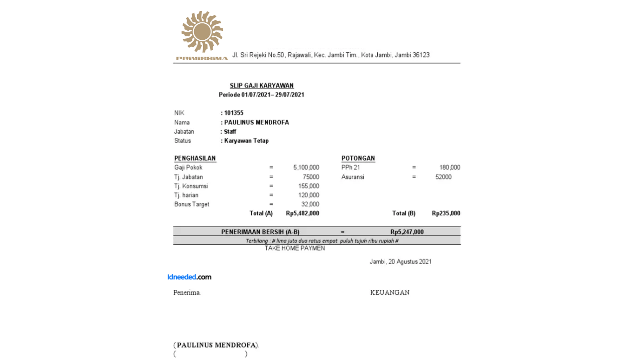 Contoh Slip Gaji Karyawan PT Primissima (Persero)