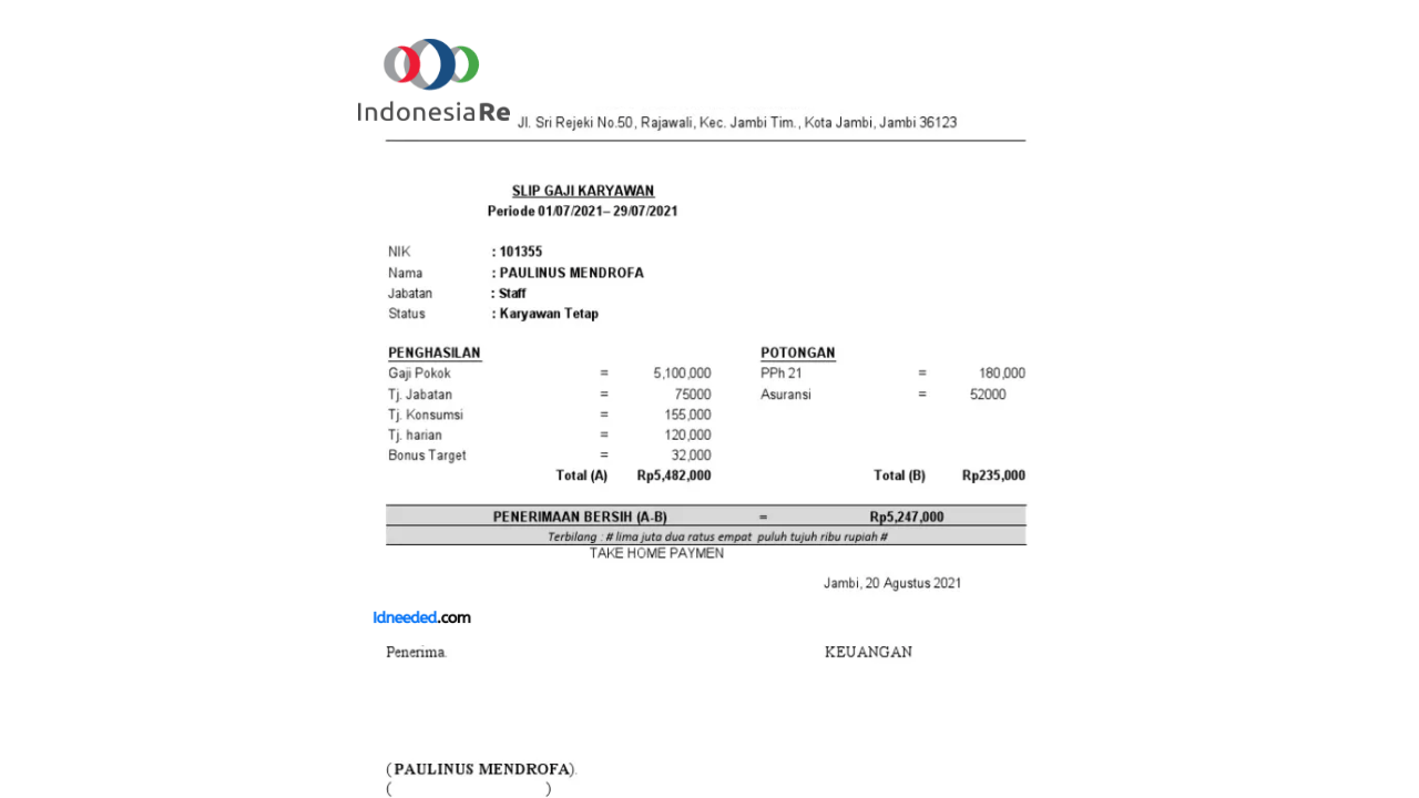 Contoh Slip Gaji Karyawan PT Reasuransi Indonesia Utama (Persero)