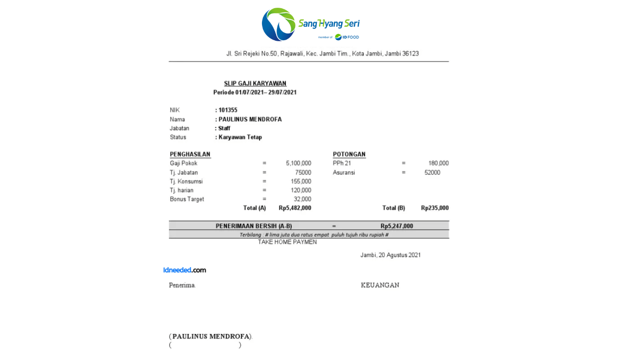 Contoh Slip Gaji Karyawan PT Sang Hyang Seri (Persero)