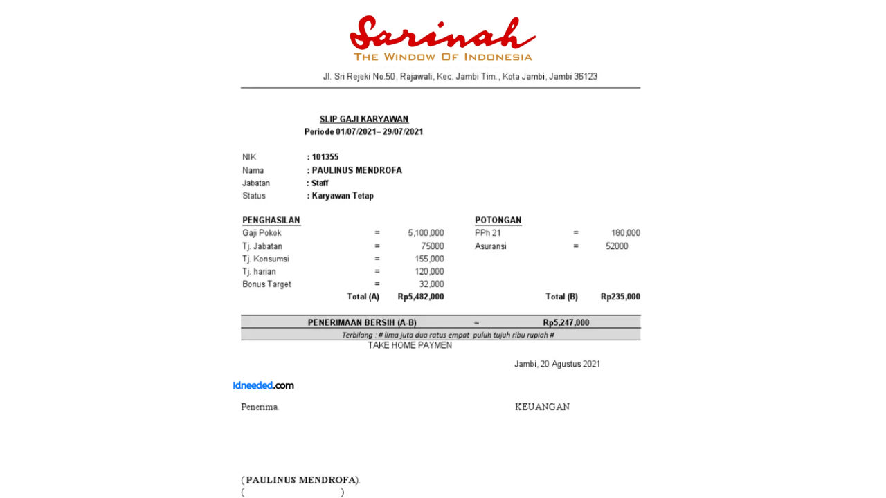 Contoh Slip Gaji Karyawan PT Sarinah (Persero)