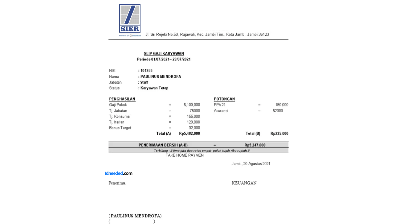 Contoh Slip Gaji Karyawan PT Surabaya Industrial Estate Rungkut (Persero)