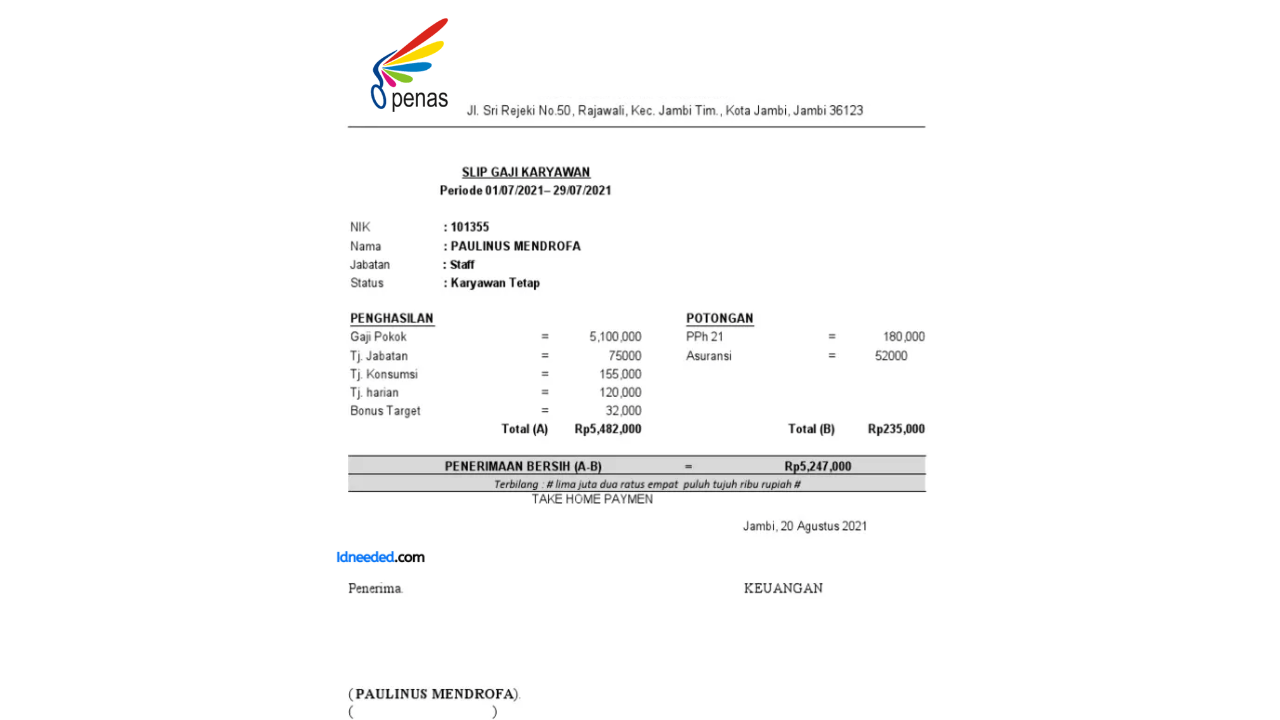 Contoh Slip Gaji Karyawan PT Survai Udara Penas (Persero)