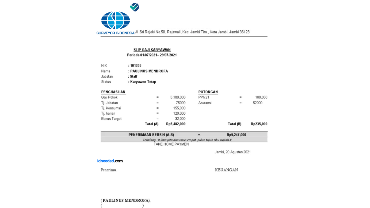 Contoh Slip Gaji Karyawan PT Surveyor Indonesia (Persero)