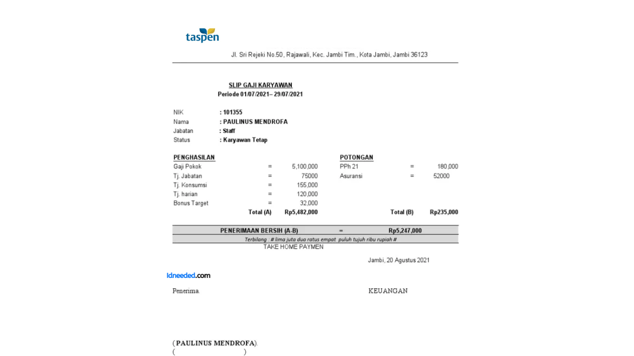 Contoh Slip Gaji Karyawan PT Taspen (Persero)