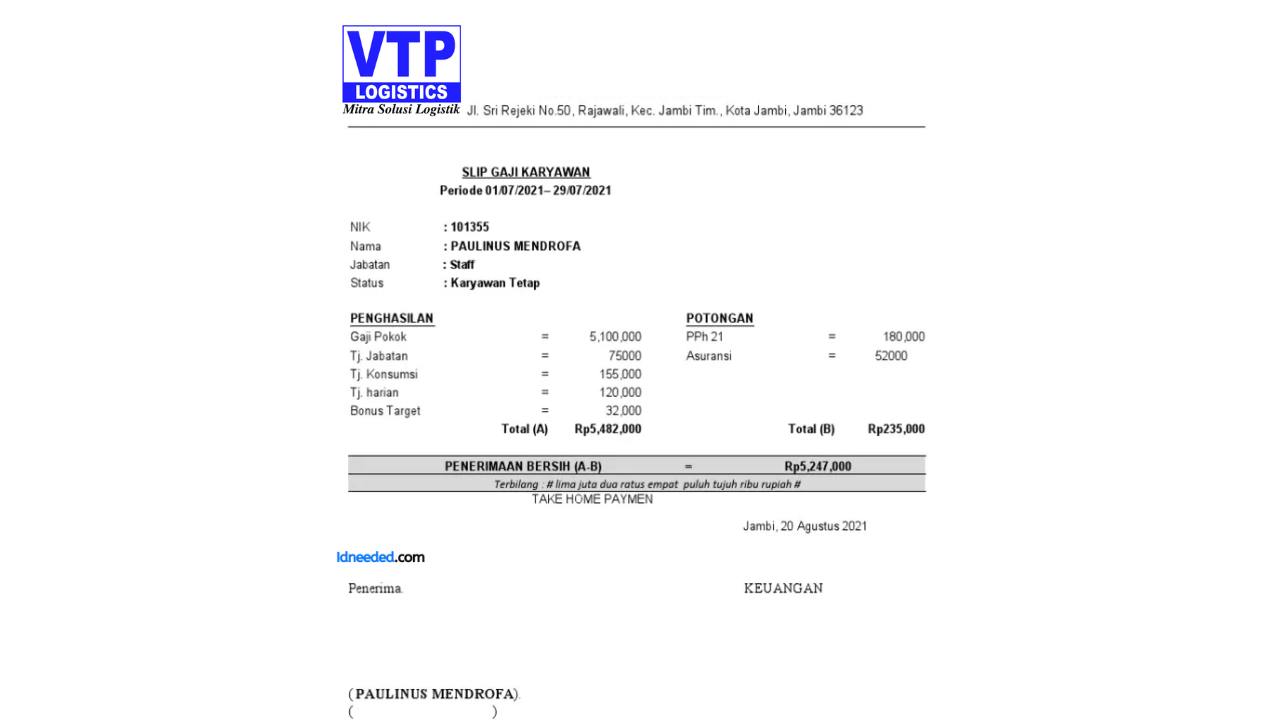 Contoh Slip Gaji Karyawan PT Varuna Tirta Prakasya (Persero)