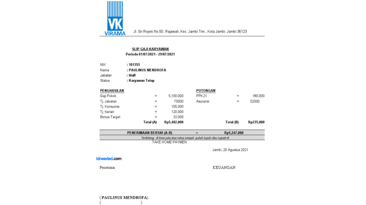 Contoh Slip Gaji Karyawan PT Virama Karya (Persero)