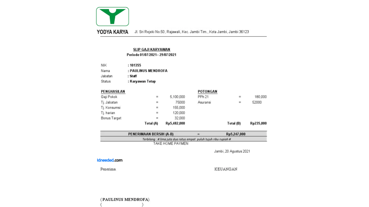 Contoh Slip Gaji Karyawan PT Yodya Karya (Persero)