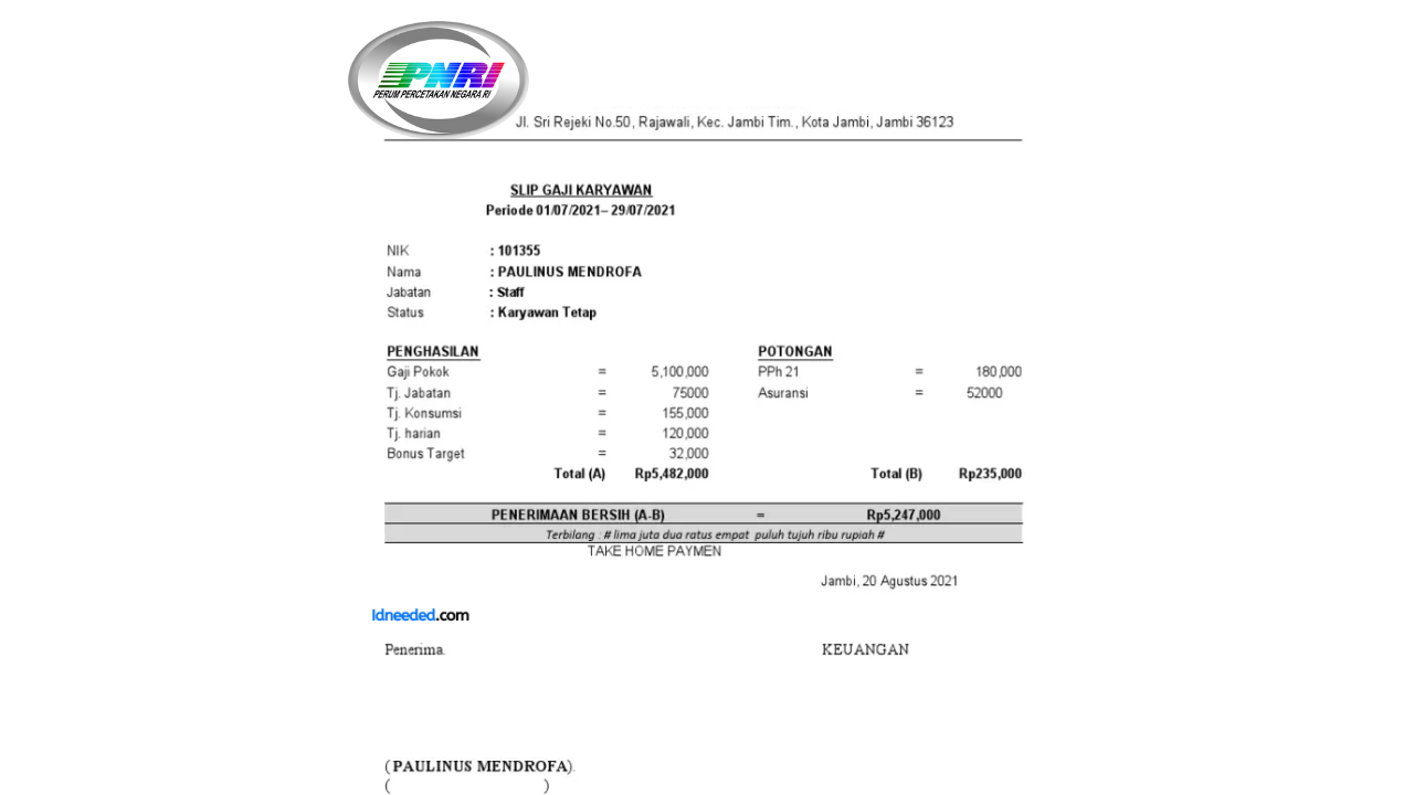 Contoh Slip Gaji Karyawan Perum Percetakan Negara Republik Indonesia