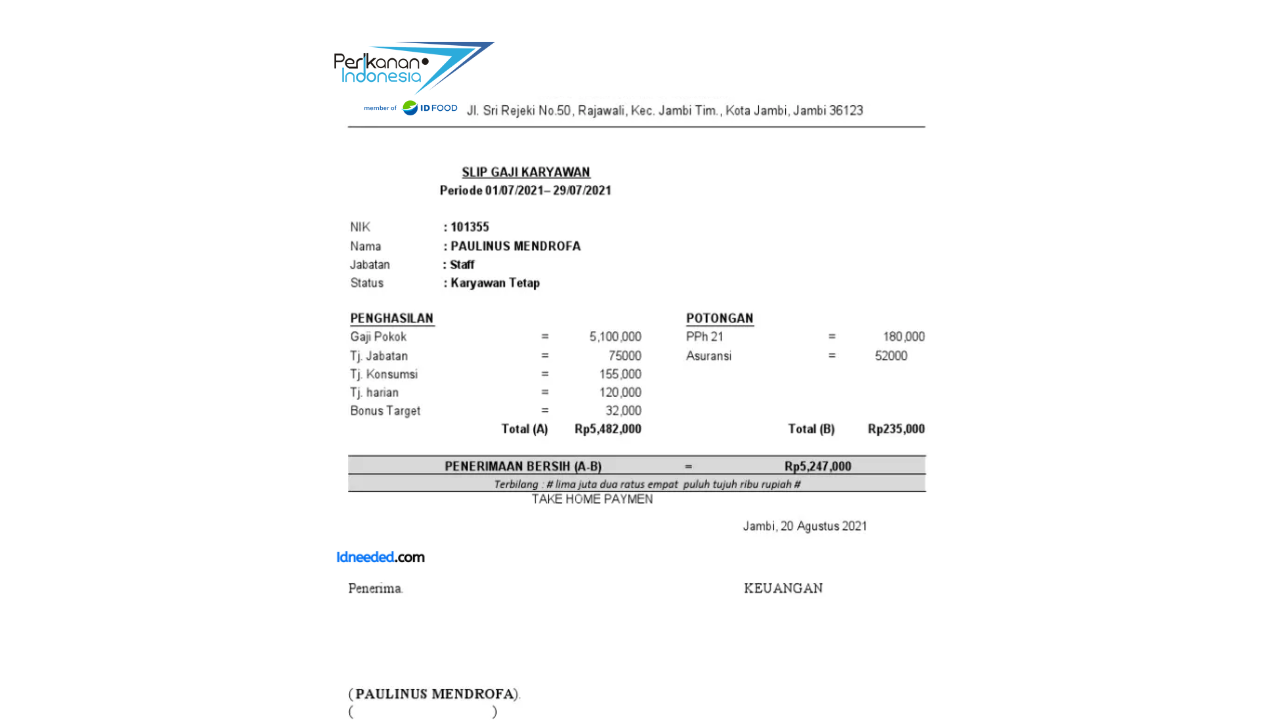 Contoh Slip Gaji Karyawan Perum Perikanan Indonesia