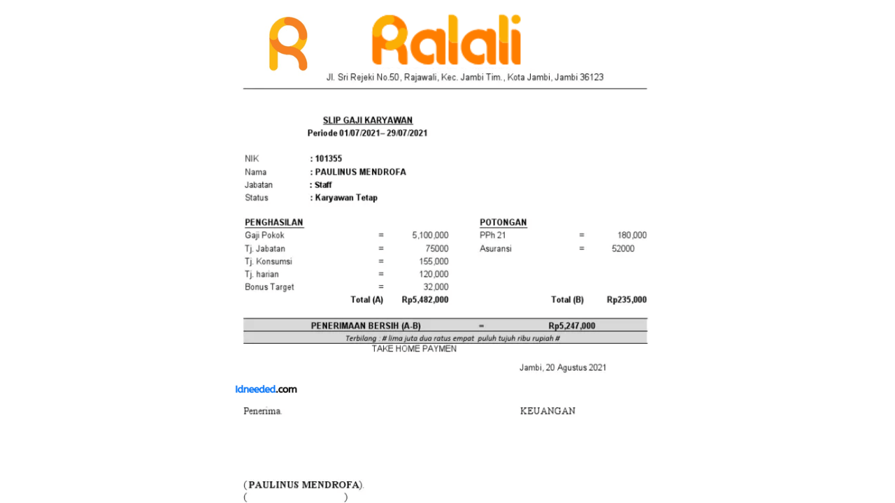 Contoh Slip Gaji Karyawan Ralali