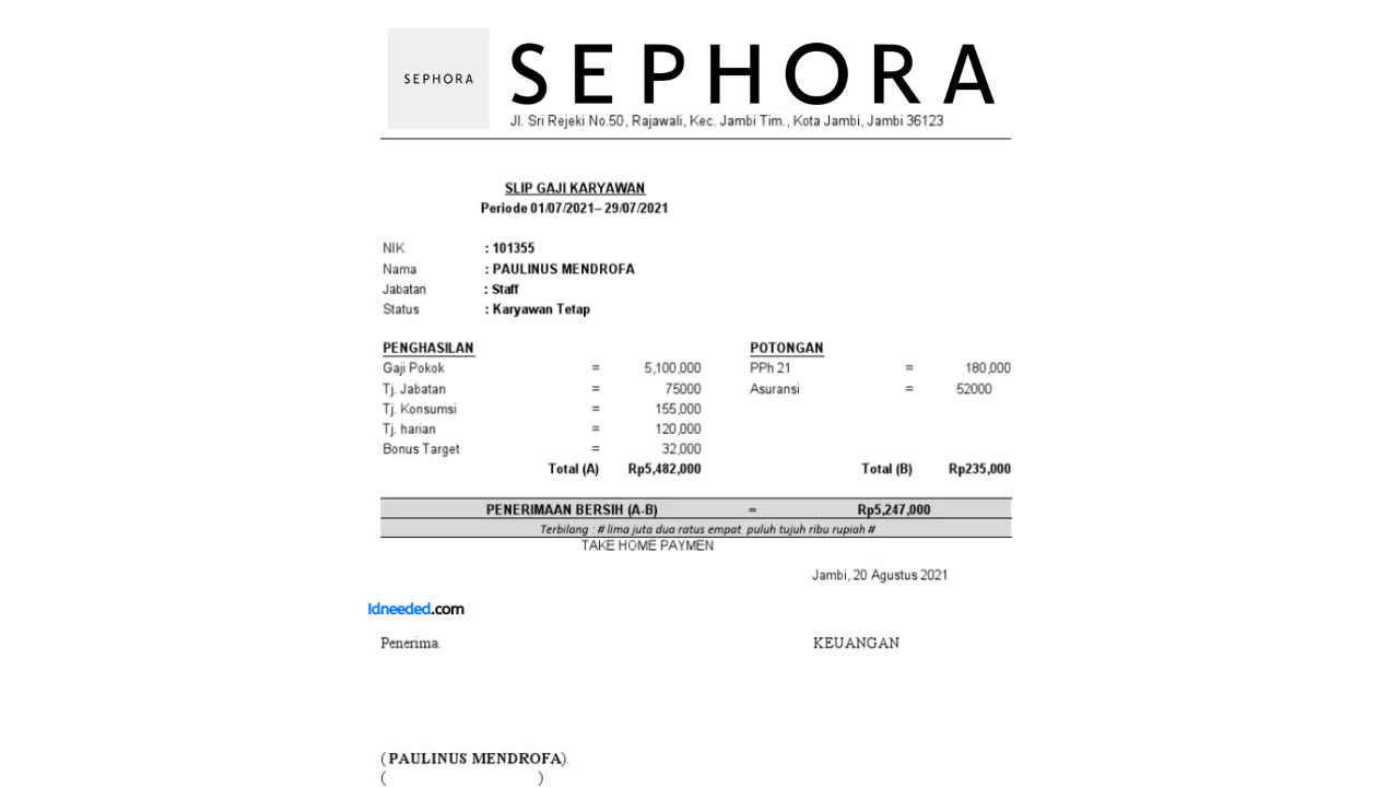 Contoh Slip Gaji Karyawan Sephora