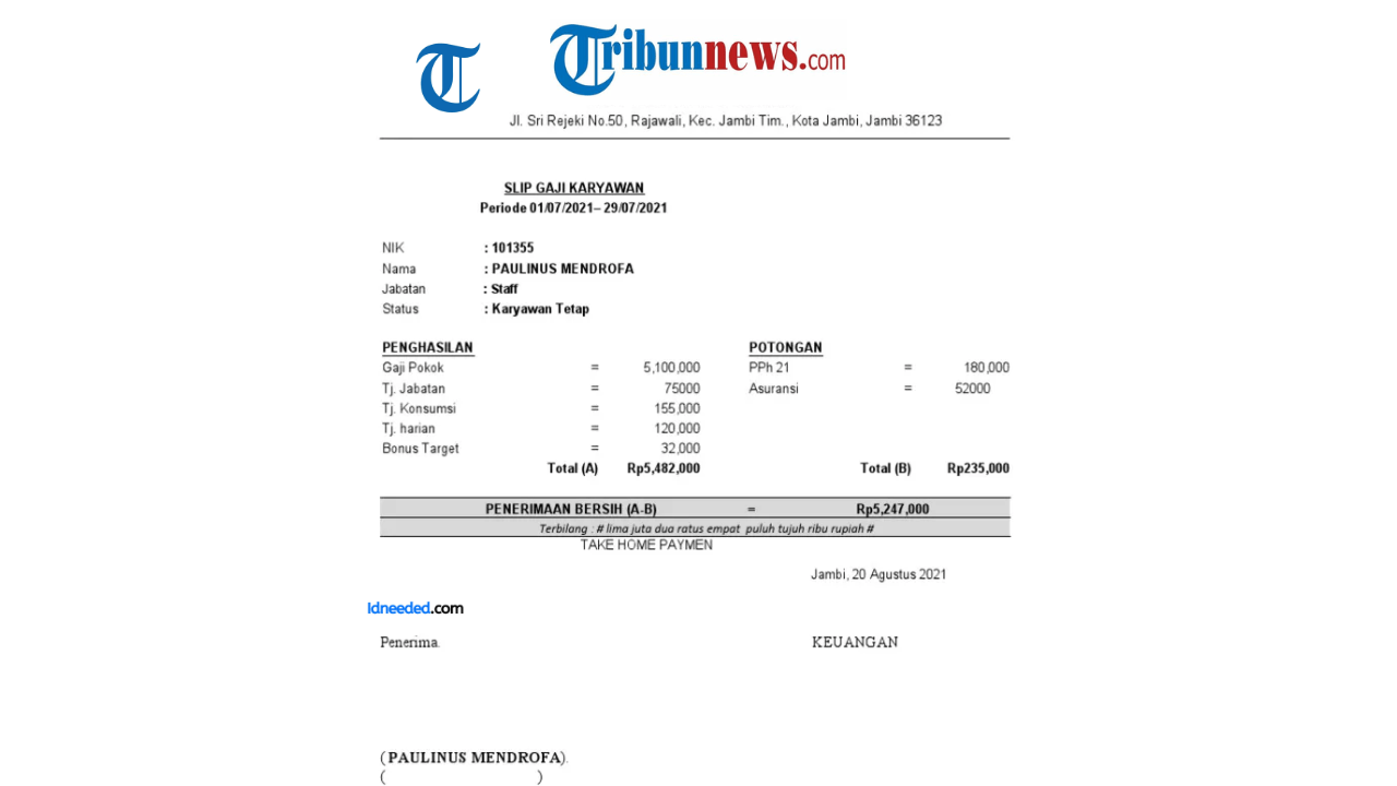 Contoh Slip Gaji Karyawan Tribunnews.com