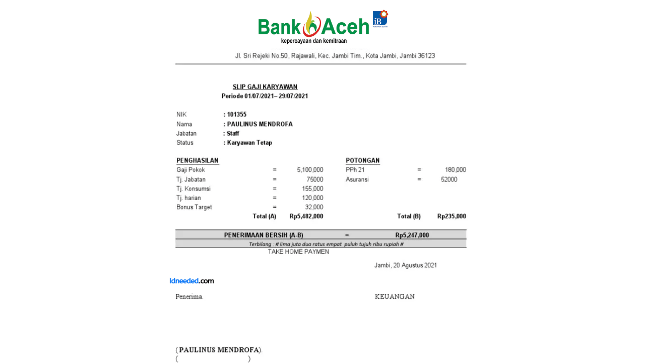 Contoh Slip Gaji Pegawai Bank Aceh Syariah