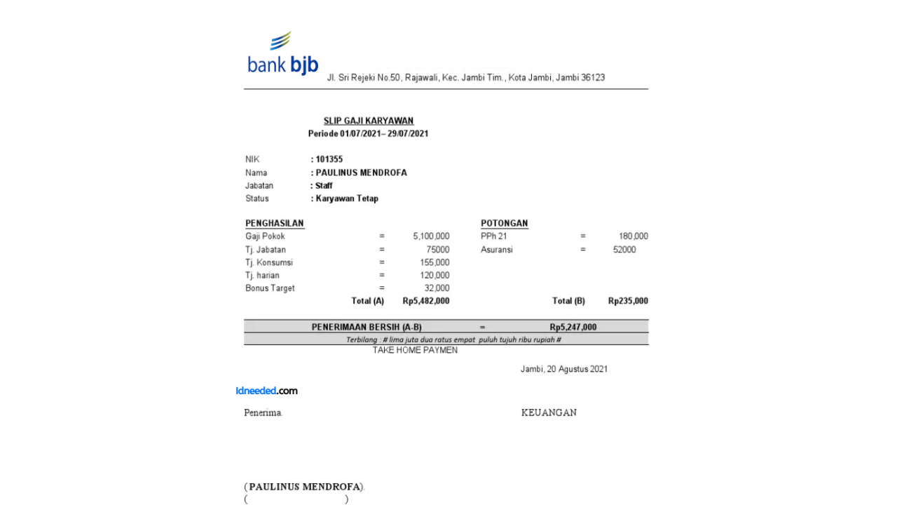 Contoh Slip Gaji Pegawai Bank BJB Syariah