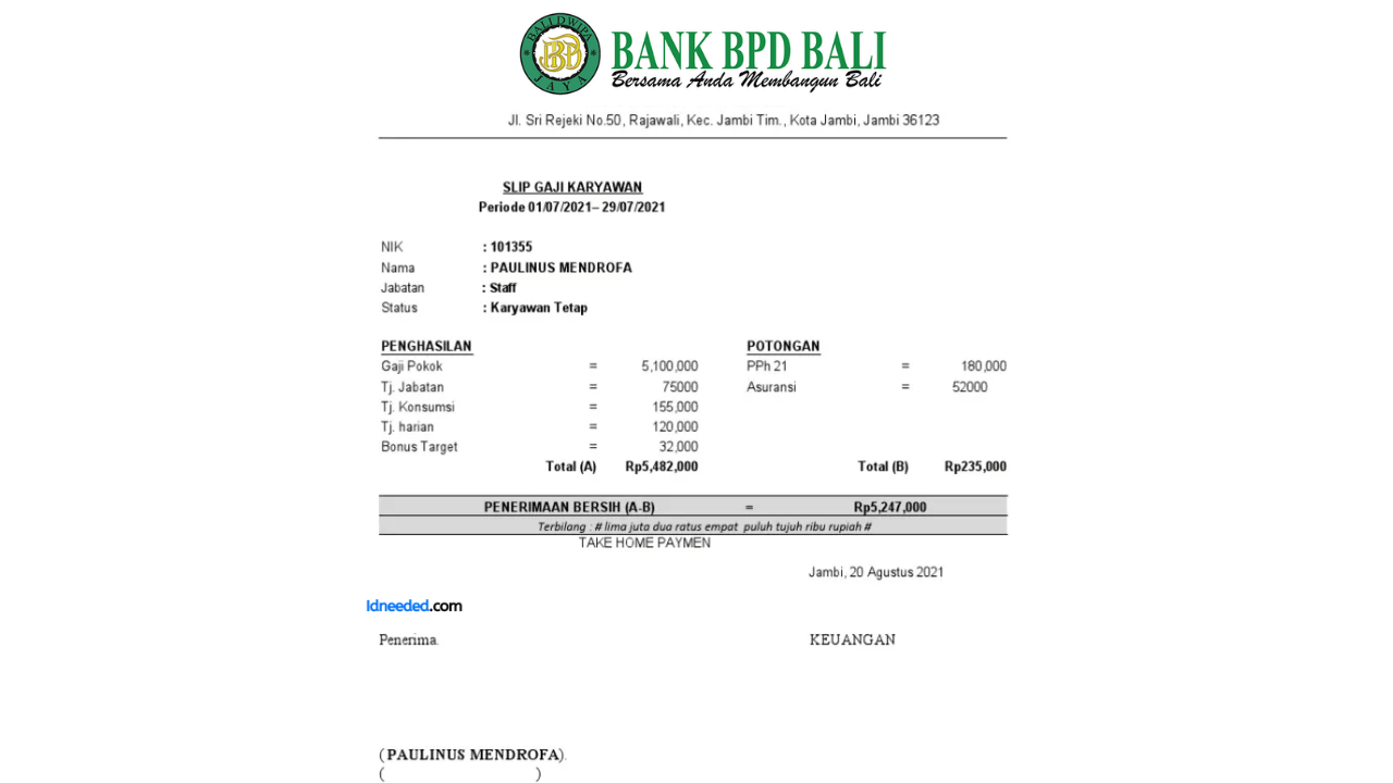 Contoh Slip Gaji Pegawai Bank BPD Bali