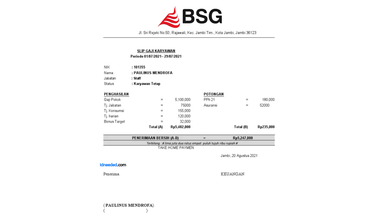 Contoh Slip Gaji Pegawai Bank BSG