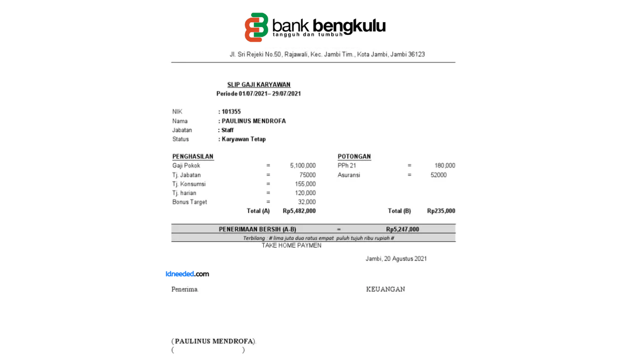 Contoh Slip Gaji Pegawai Bank Bengkulu